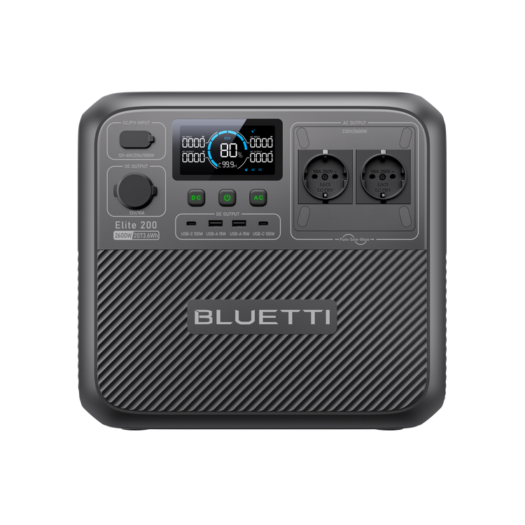 A BLUETTI Elite 200 V2 portable power station with a digital display, multiple output ports including USB and DC, and a textured black casing.